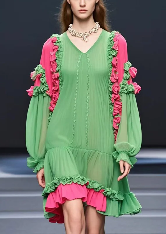 Modern Grass Green Ruffled Floral Chiffon Tea Dresses Fall Laid - back Women's Vibe Modern Grass Green Ruffled Floral Chiffon Tea Dresses Fall Laid - back Women's Vibe