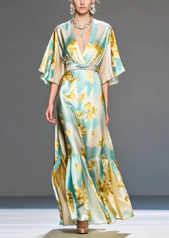 Modern Light Blue Print Silk Long Dresses Cinched Summer Sporty Women's Athleisure Modern Light Blue Print Silk Long Dresses Cinched Summer Sporty Women's Athleisure