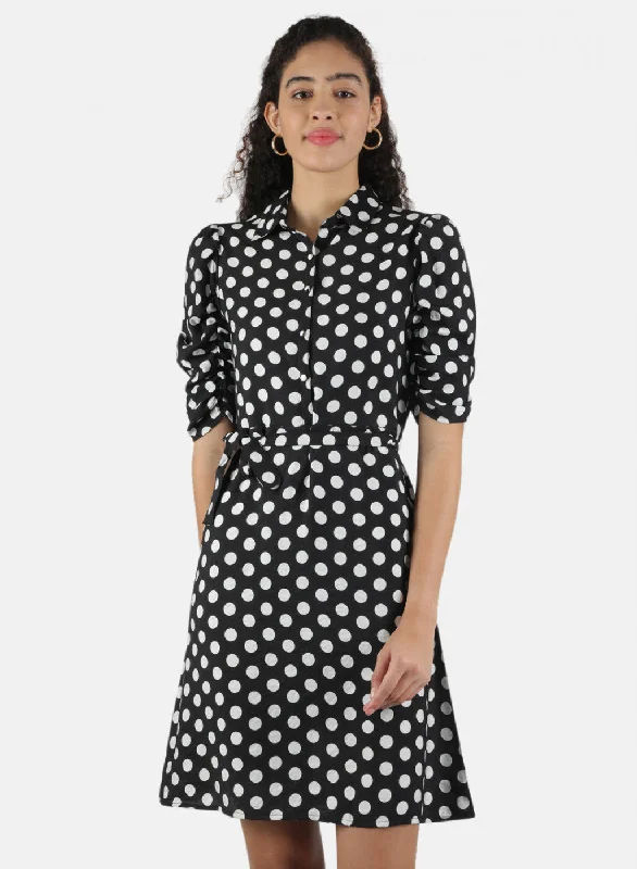 Women Black Printed Dress Artistic Women's Hand - painted