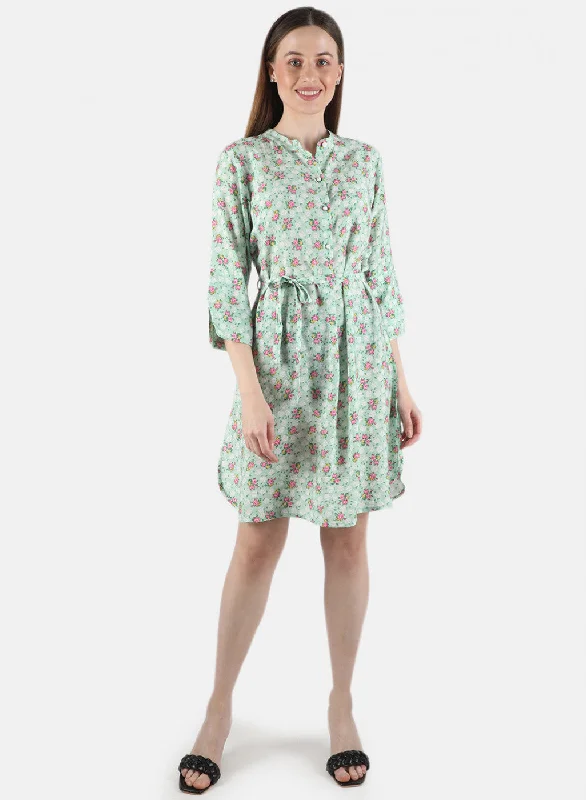 Women Green Printed Dress Dapper Women's Bow - adorned