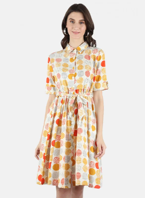 Women Mustard Printed Dress Sophisticated Women's Tailored