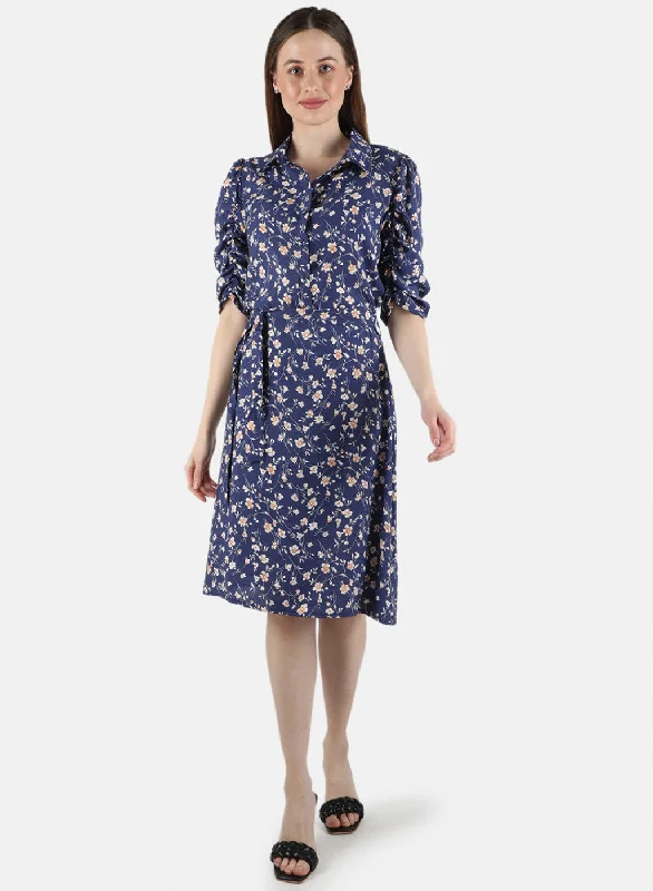 Women Navy Blue Printed Dress Disco