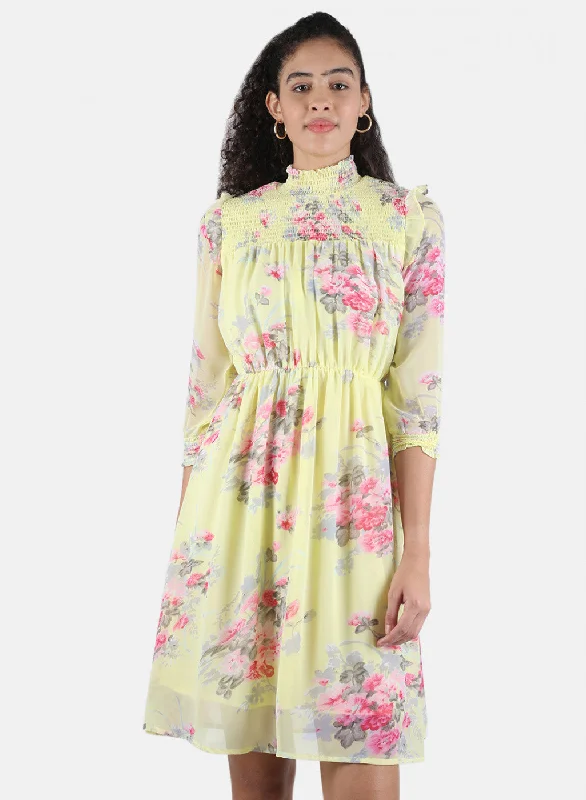 Women Yellow Printed Dress Hip Women's Urban