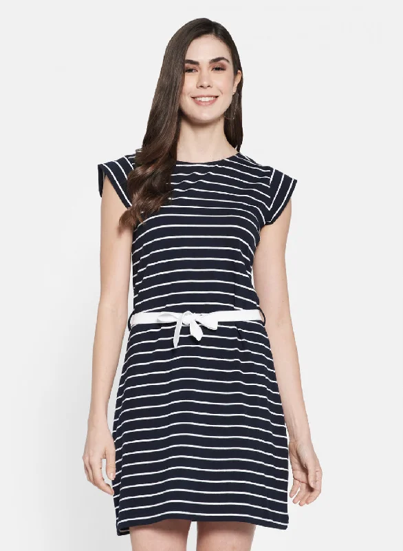 Womens Navy Blue & White Stripe Dress Confident Women's Power