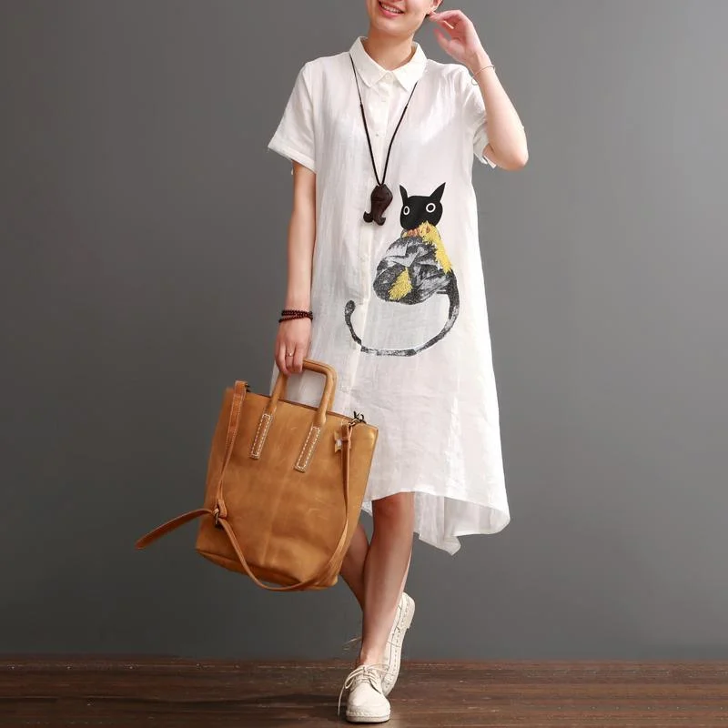 Naughty cat print summer linen maxi dress oversize linen sundresses white Bold Women's Statement Naughty cat print summer linen maxi dress oversize linen sundresses white Bold Women's Statement