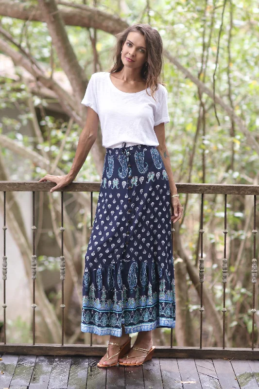 Navy Paisleys Paisley Motif Printed Rayon Skirt from Thailand Disco