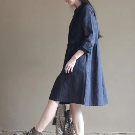 Navy pleated breast cotton dresses original design linen dress Feminine Women's Style Navy pleated breast cotton dresses original design linen dress Feminine Women's Style