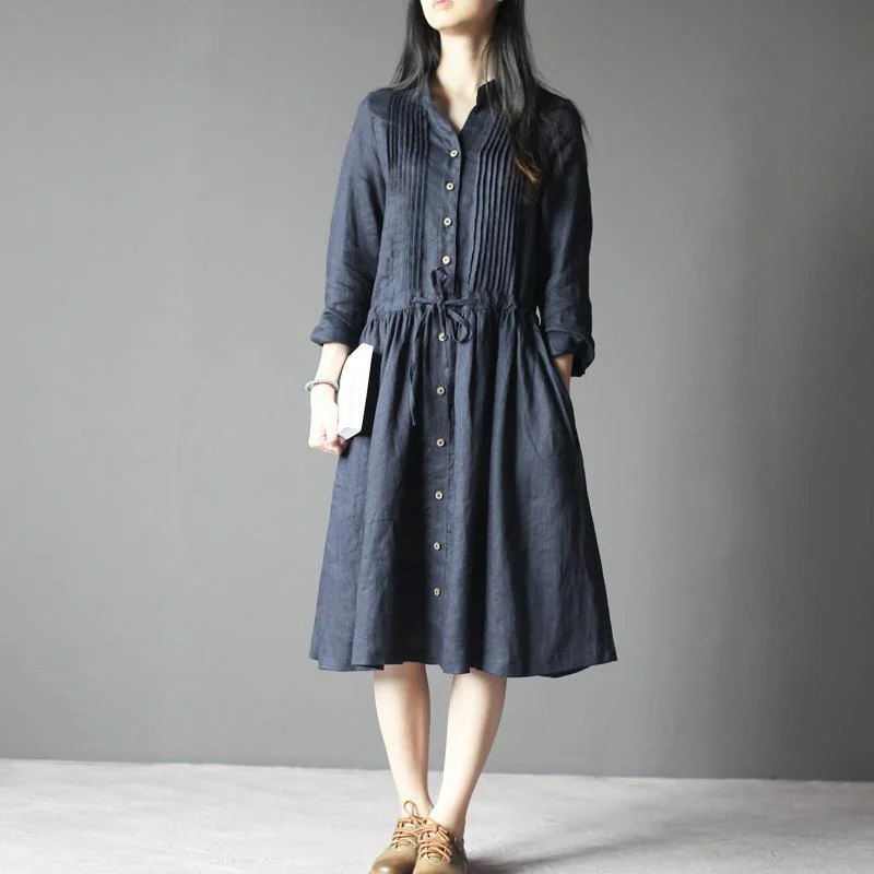 Navy Retro Linen dress long sleeve sundresses Plus size Casual style Sleek Women's 