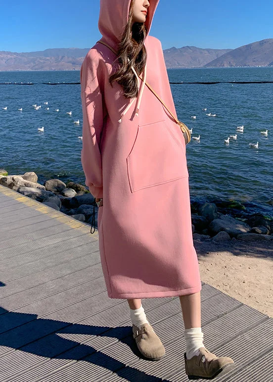New Pink Hooded Pockets Cotton Streetwear Dresses Fall Dapper Women's 1920S