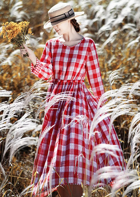 New Red O Neck Plaid Cinched Cotton Long Dresses Fall Athletic Women's High - 