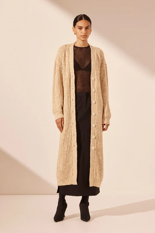 OLIVIA LONG CARDIGAN - OAT/ IVORY purpose