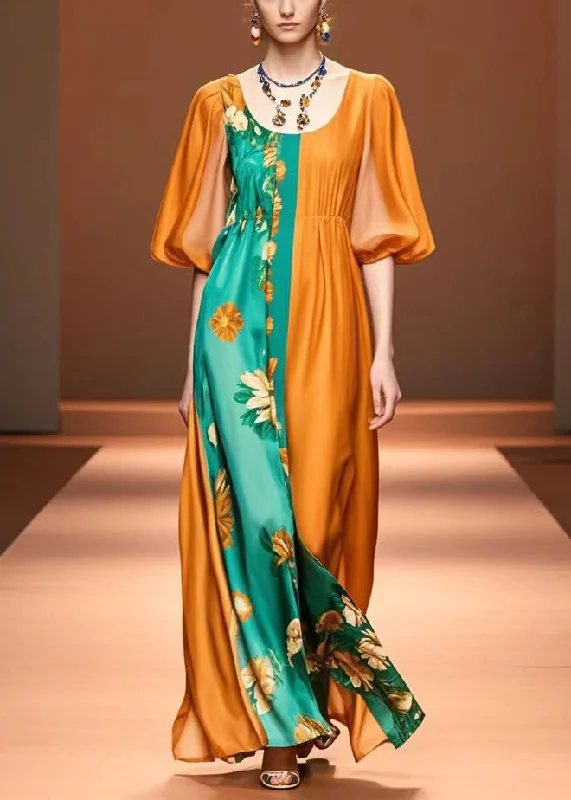 Orange Patchwork Silk Maxi Dresses U Neck Lantern Sleeve Cozy Women's Winter