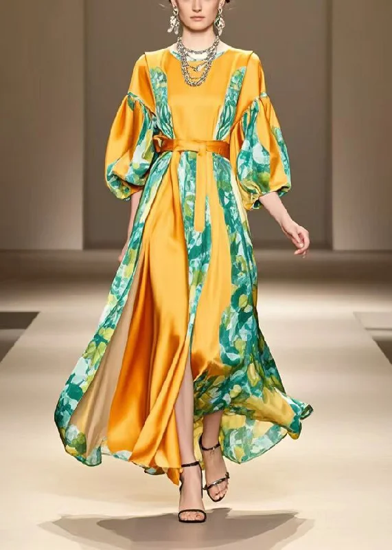 Orange Patchwork Silk Vacation Dresses Exra Large Hem Bracelet Sleeve Modern Women's 