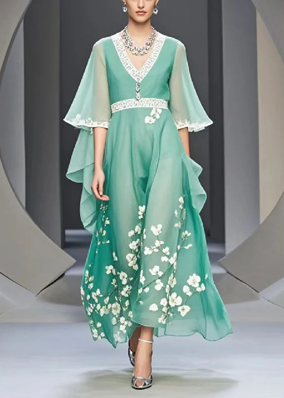 Organic Lake Green V Neck Print Chiffon Maxi Dresses Summer Women
