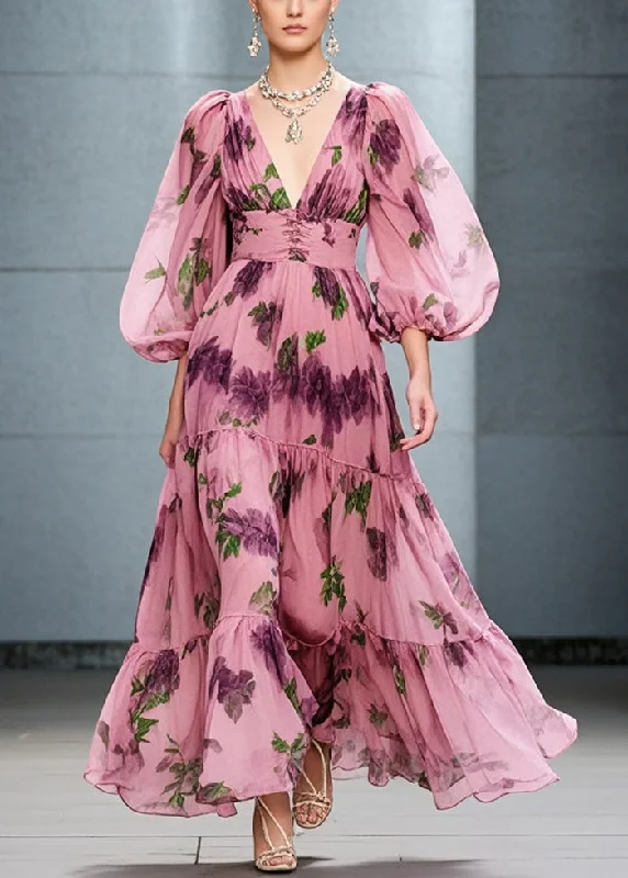 Organic Pink Cinched Print Exra Large Hem Chiffon Dresses Fall purpose
