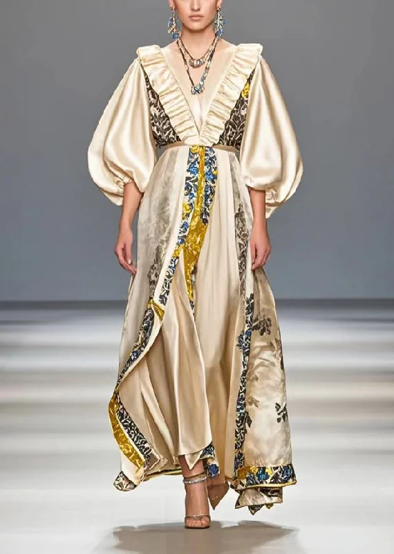 Original Design Champagne Ruffled Patchwork Silk Dresses Lantern Sleeve Business