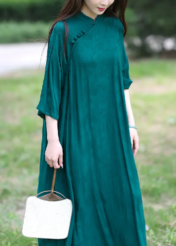 Original Design Green Stand Collar Cotton Long Dresses Summer Relaxed Women's 