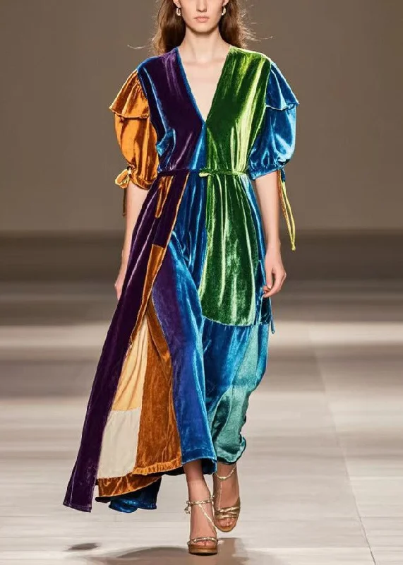 Original Design Puff Sleeve Patchwork Silk Velvet Vacation Dresses Fall Dynamic Women's Moto Original Design Puff Sleeve Patchwork Silk Velvet Vacation Dresses Fall Dynamic Women's Moto