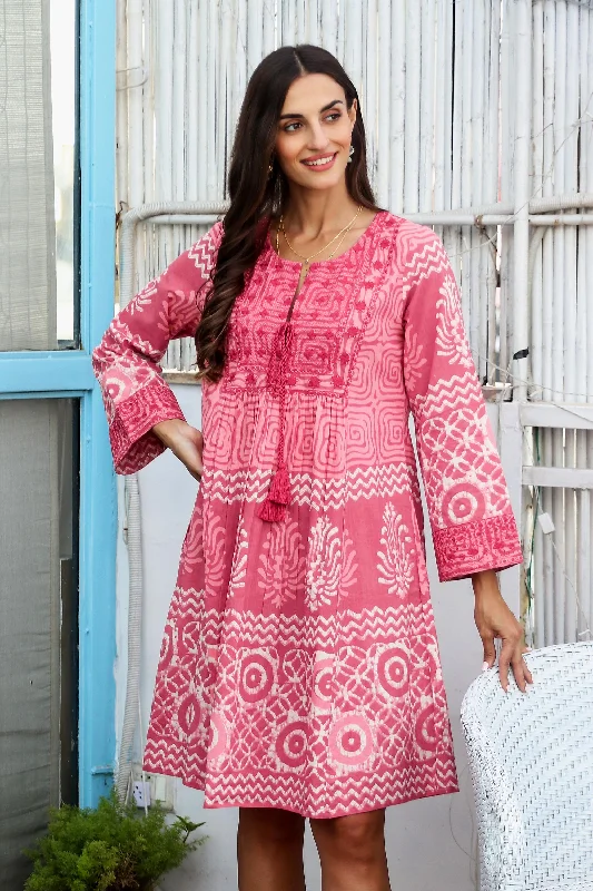 Petal Pink Embroidered Cotton A-Line Dress from India Athletic Women's High - 