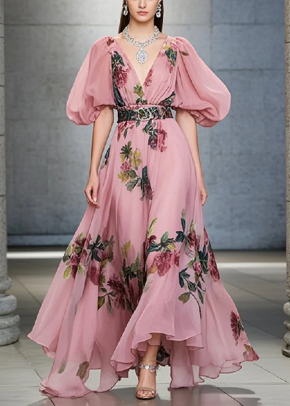 Pink Print Silm Fit Chiffon Vacation Dresses Exra Large Hem Puff Sleeve Athletic Women's High - Pink Print Silm Fit Chiffon Vacation Dresses Exra Large Hem Puff Sleeve Athletic Women's High -