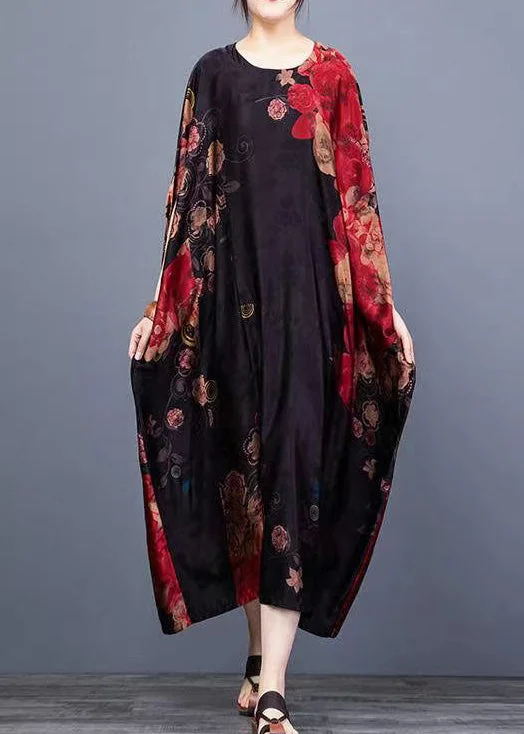 Plus Size Black O-Neck Print Chiffon Vacation Dresses Batwing Sleeve Refined Women's Hand - crafted Plus Size Black O-Neck Print Chiffon Vacation Dresses Batwing Sleeve Refined Women's Hand - crafted