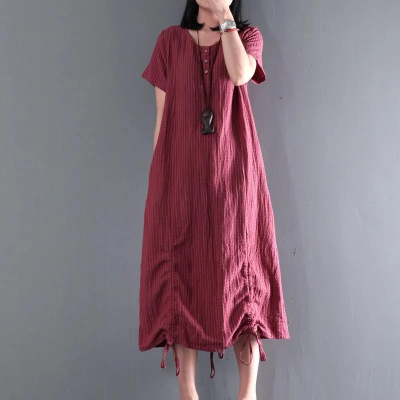 Plus size burgundy linen long sundress causal summer linen dresses drawstring at the hem Youthful Women's Anime - inspired Plus size burgundy linen long sundress causal summer linen dresses drawstring at the hem Youthful Women's Anime - inspired