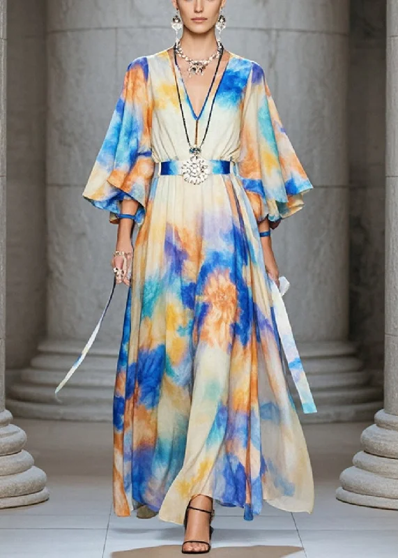 Plus Size Cinched Tie Dye Chiffon Maxi Dresses Flare Sleeve Gym