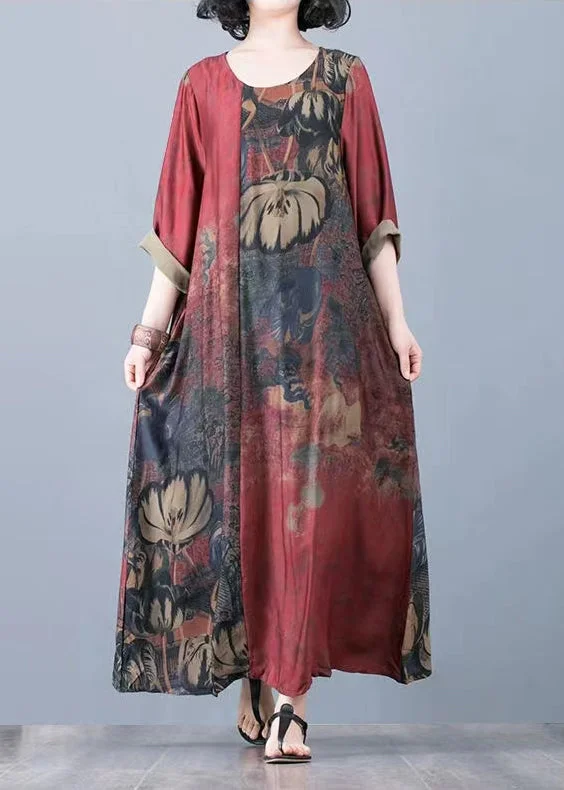 Plus Size Red O-Neck Print Silk Ankle Dresses Three Quarter sleeve Feminine Women's Soft Plus Size Red O-Neck Print Silk Ankle Dresses Three Quarter sleeve Feminine Women's Soft