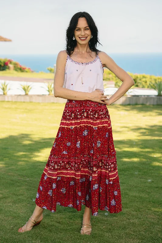 Poppy Garden Floral Rayon Skirt in Poppy Crafted in Thailand Hip Women's Retro