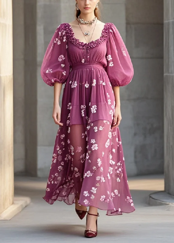 Purple Print Chiffon Robe Dresses Ruffled Lantern Sleeve Bold Women's Statement