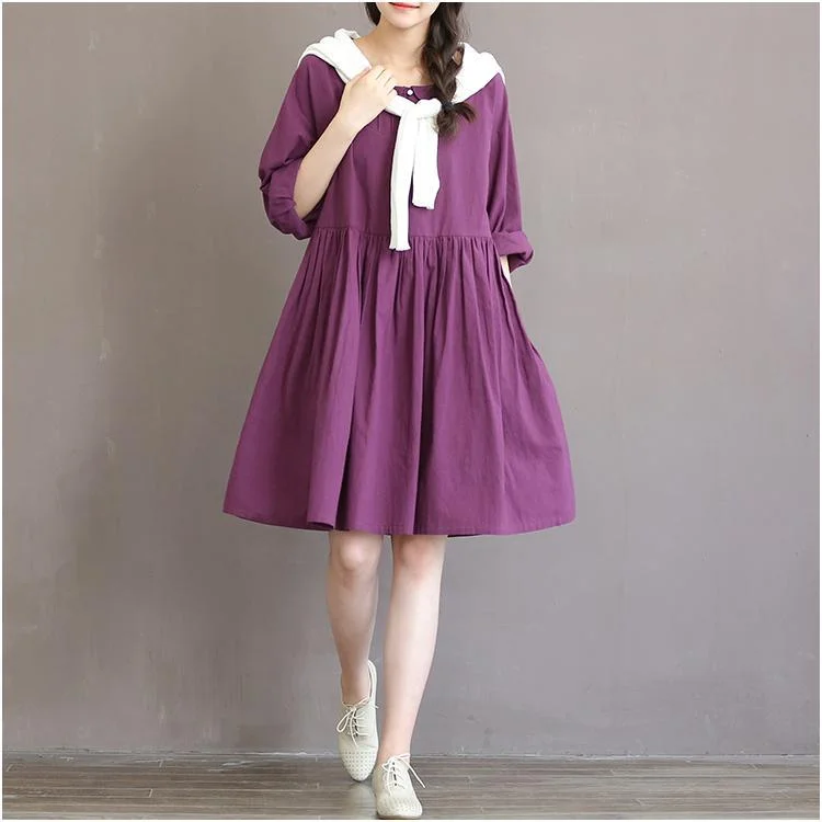Purple retro linen dress half sleeve pleated sundress cotton summer dresses spring bottoming dress Athletic Women's Purple retro linen dress half sleeve pleated sundress cotton summer dresses spring bottoming dress Athletic Women's