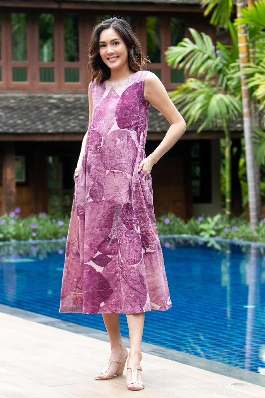 Purple Teak Thai Ouke Print Cotton Sleeveless Dress Sporty Women's Tennis