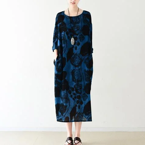 Royal blue silk dresses print sprint dress plus size dress Sustainable Organic