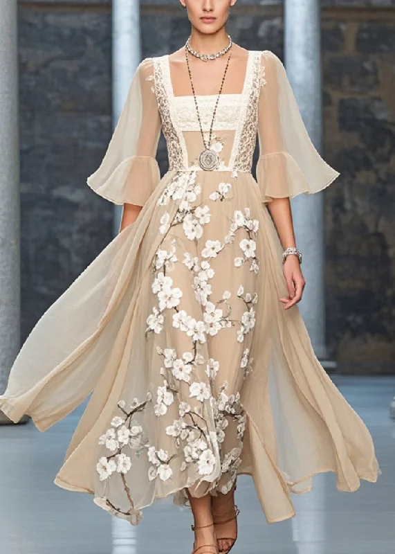 Silm Fit Khaki Plum Blossom Chiffon Long Dresses Flare Sleeve Feminine Women's Style 