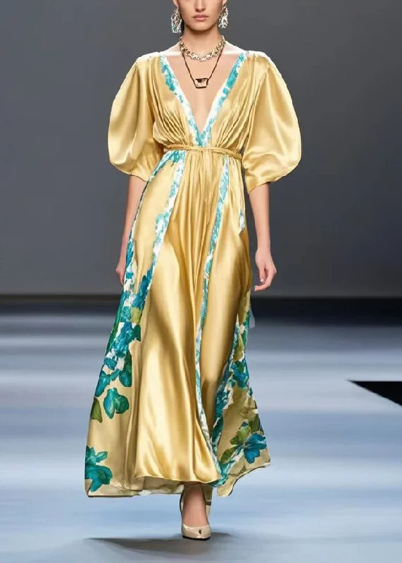 Simple Golden V Neck Print Silk Cinched Dresses Summer French
