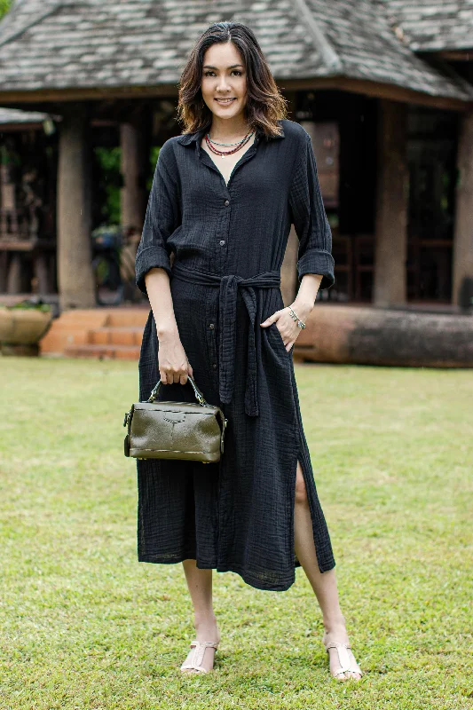 Street Smarts in Black Black Belted Cotton Shirtwaist Dress from Thailand Edgy Women's Punk Street Smarts in Black Black Belted Cotton Shirtwaist Dress from Thailand Edgy Women's Punk
