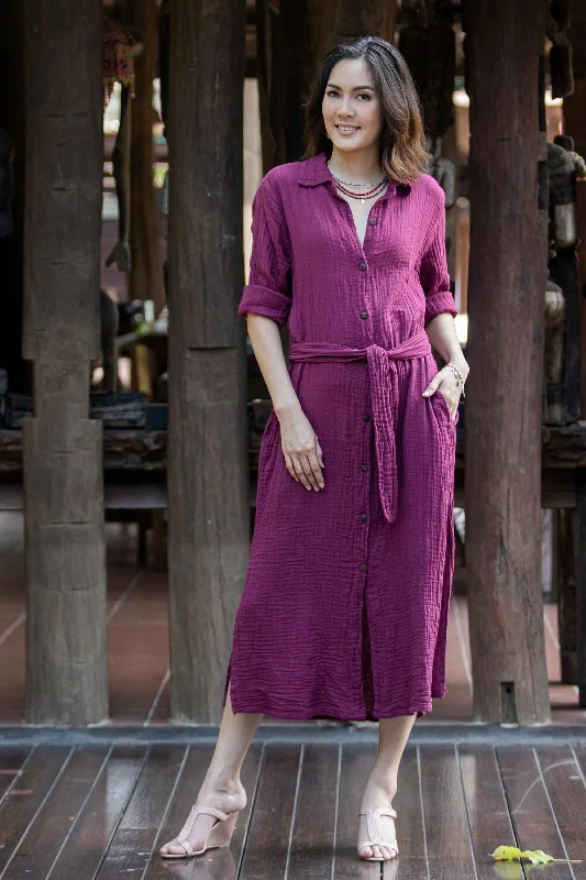 Street Smarts in Maroon Handmade Belted Cotton Shirtwaist Dress from Thailand Feminine Women's Style Street Smarts in Maroon Handmade Belted Cotton Shirtwaist Dress from Thailand Feminine Women's Style