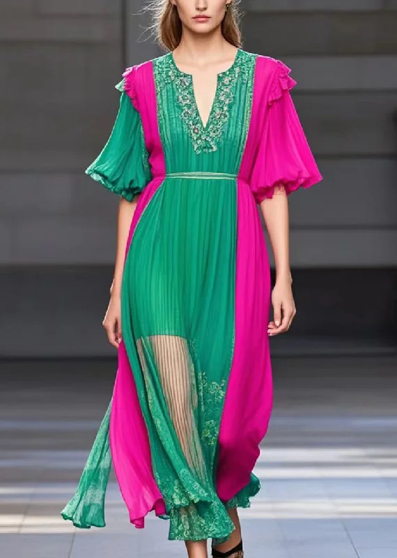 Style Green V Neck Patchwork Wrinkled Chiffon Robe Dresses Summer British Gentlewoman Style Style Green V Neck Patchwork Wrinkled Chiffon Robe Dresses Summer British Gentlewoman Style