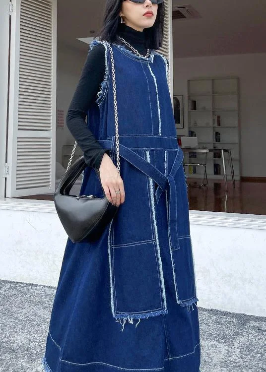 Style O Neck Patchwork Spring Tunic Pattern Sewing Denim Blue Long Dresses Refined Women's Style O Neck Patchwork Spring Tunic Pattern Sewing Denim Blue Long Dresses Refined Women's