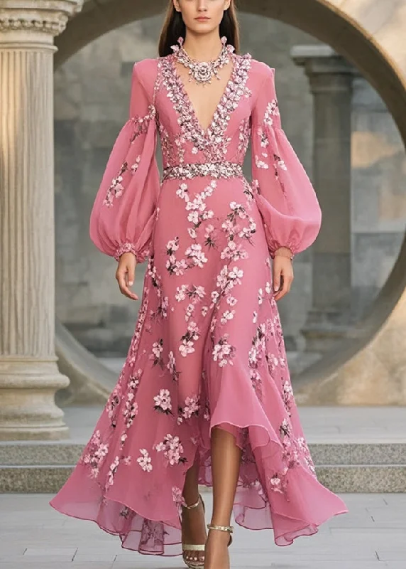 Style Rose V Neck Print Chiffon Long Dresses Lantern Sleeve Cashmere