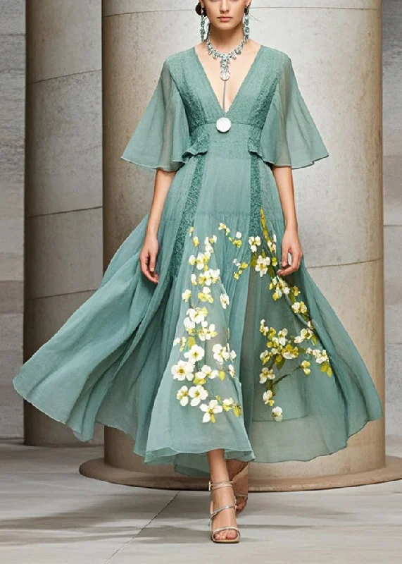 Stylish Green Cinched Print Chiffon Robe Dresses Summer Country