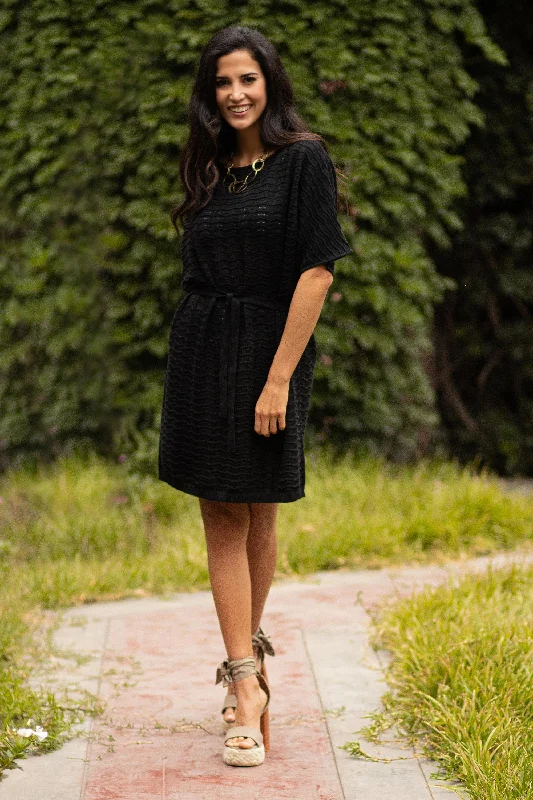 Thalu in Black Cotton Knitted Belted T-Shirt Dress in Black from Peru Casual Women's Loose - fitting Thalu in Black Cotton Knitted Belted T-Shirt Dress in Black from Peru Casual Women's Loose - fitting