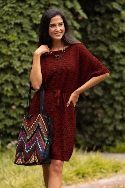 Thalu in Rust Cotton Knitted Belted T-Shirt Dress in Russet Red from Peru Cool Women's Distressed Thalu in Rust Cotton Knitted Belted T-Shirt Dress in Russet Red from Peru Cool Women's Distressed