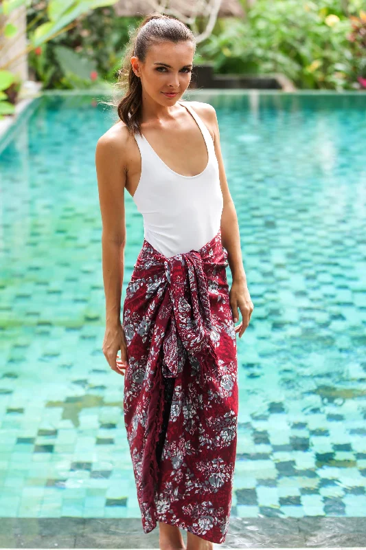 Tropical Garden in Claret Red Floral Rayon Sarong with Hand Stamped Batik Pattern performance Tropical Garden in Claret Red Floral Rayon Sarong with Hand Stamped Batik Pattern performance