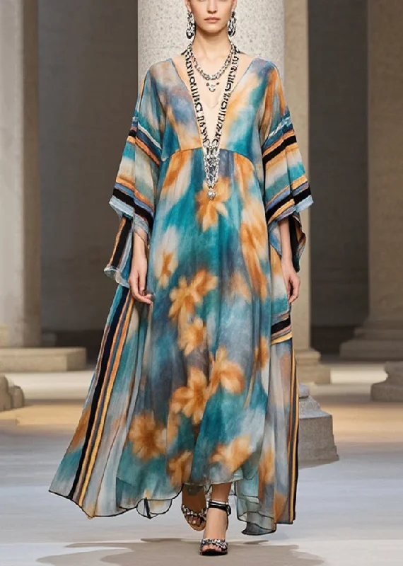 Unique Blue Oversized Print Chiffon Maxi Dresses Batwing Sleeve Elegant Women's Formal 