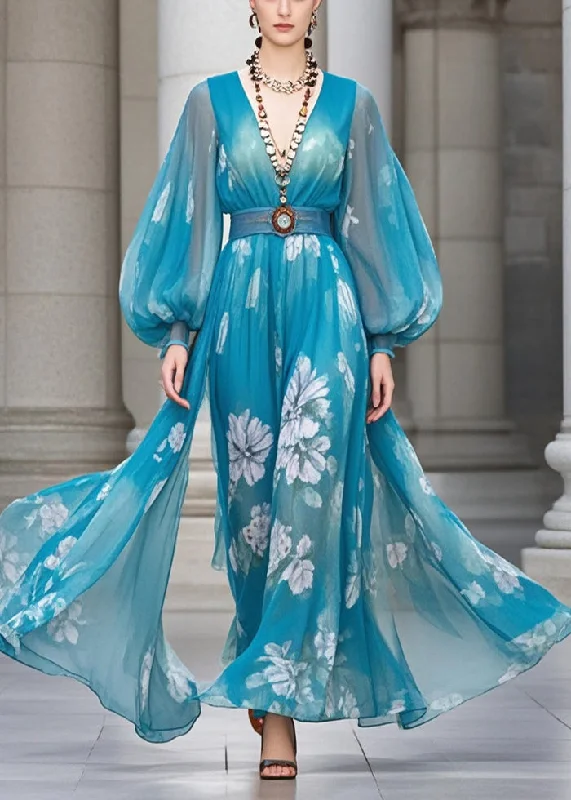 Vintage Blue Cinched Print Chiffon Robe Dresses Lantern Sleeve Dapper Women's 1920S Vintage Blue Cinched Print Chiffon Robe Dresses Lantern Sleeve Dapper Women's 1920S