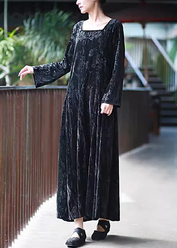 Women Black U Neck Print Velvet Long Dresses Fall Classic Women's Tweed