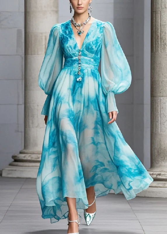 Women Blue V Neck Tie Dye Chiffon Maxi Dresses Fall Athletic Women's 