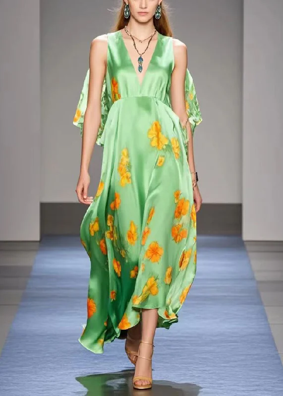 Women Green Cold Shoulder Print Silk Long Dresses Summer Trendy Women's Oversized