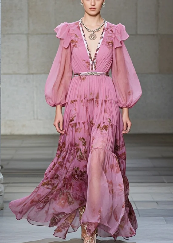 Women Pink V Neck Print Exra Large Hem Chiffon Party Dresses Fall Sophisticated Women's Tailored Women Pink V Neck Print Exra Large Hem Chiffon Party Dresses Fall Sophisticated Women's Tailored